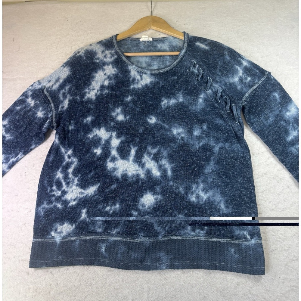 Tribal Jeans Indigo Tie Dye Knit Sweater Sz L Scoop Neck Waffle Hem Lattice Work